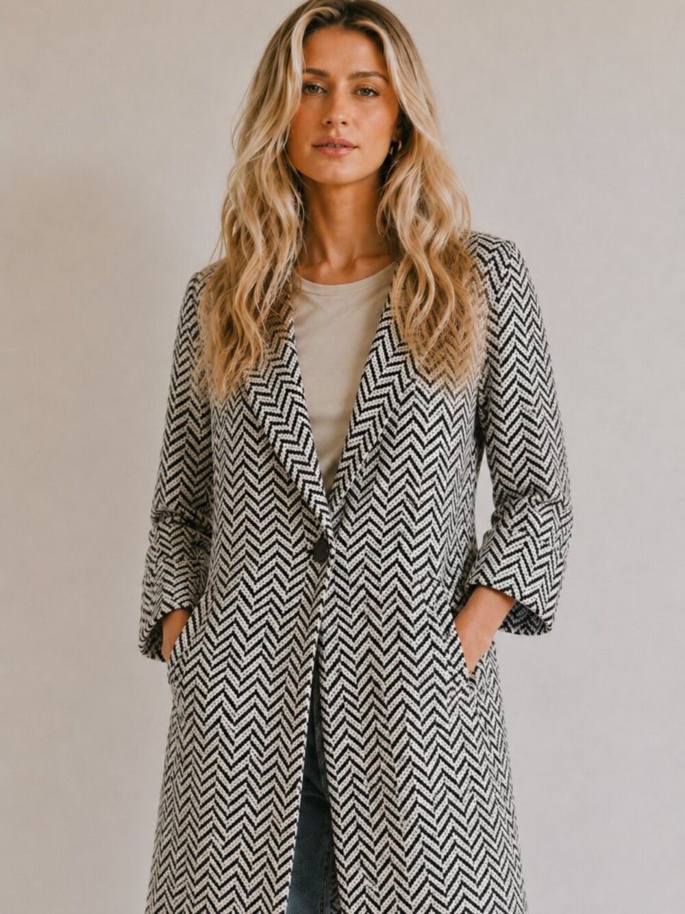 Chico's Chevron knit coat, cotton rich, statement mother of pearl button